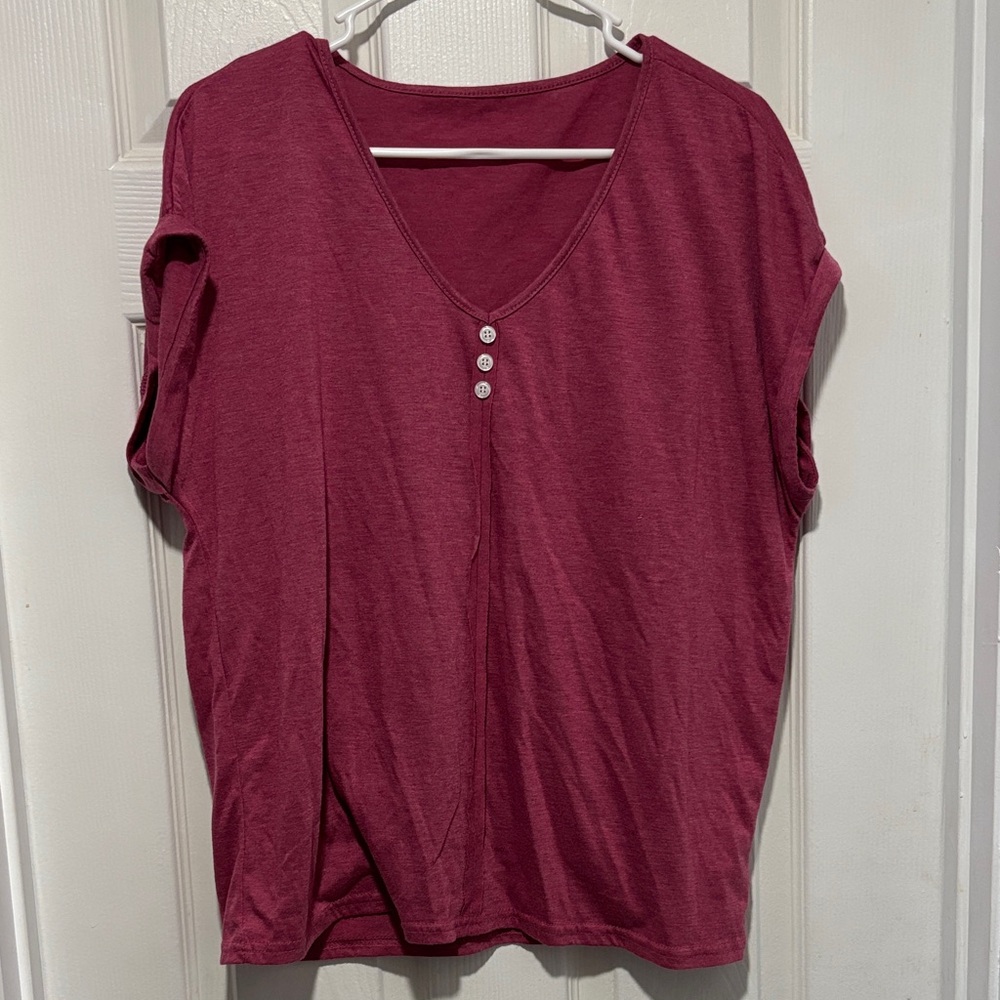 SHEIN Short Sleeve V-Neck Top - Burgundy